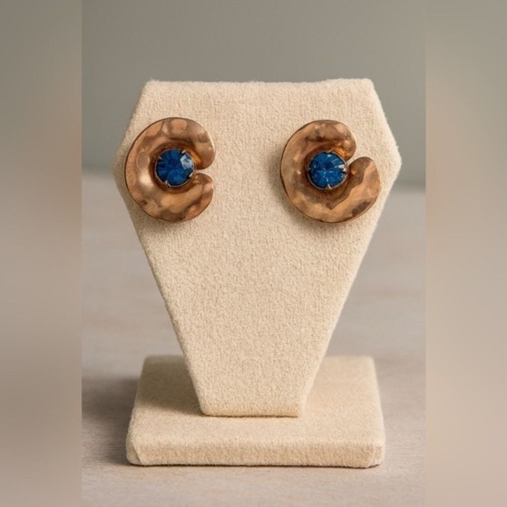 Vintage Womens Sterling‎ Signed Gold Toned Blue Stone Floral Twist On Earrings